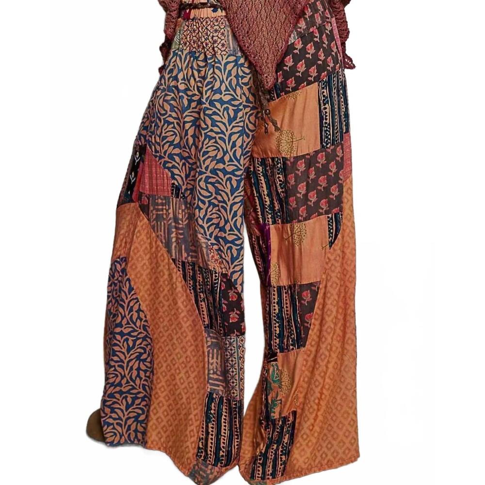 NEW POL vintage patchwork wide leg pants with pockets in orange - Picture 5 of 7